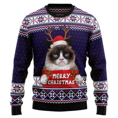 Grumpy Cat Merry Christmas Xmas Santa Hat Ugly Christmas Sweater