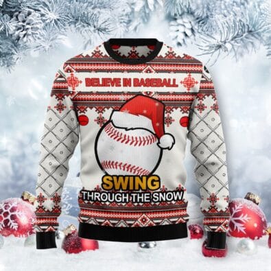 Baseball Swing Through Snow Ugly Christmas Sweater