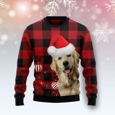 Plaid Pattern Golden Retriever Ugly Christmas Sweater