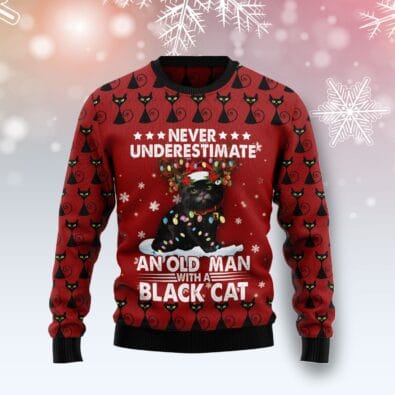 Black Cat Old Man Ugly Christmas Sweater